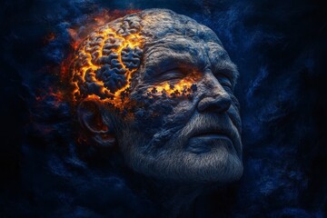 Fototapeta premium A weathered face partially disintegrating into fiery molten puzzle pieces symbolizing the breakdown of identity the passage of time and the emotional struggle of holding oneself together