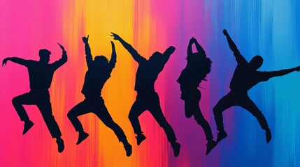Silhouettes of urban dancers against a backdrop of neon graffiti, vivid colors blending into the cityscape, creating an abstract urban vibe