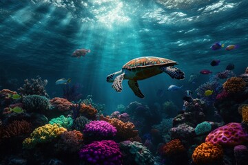 Obraz premium A sea turtle drifts peacefully over a diverse and vibrant coral reef, bathed in the sun rays streaming through the clear, blue ocean waters.