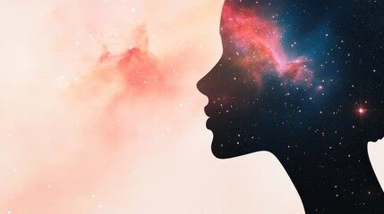 Obraz premium Double exposure image of a woman's profile with a dazzling galaxy, showing intricate star clusters and vivid nebulae