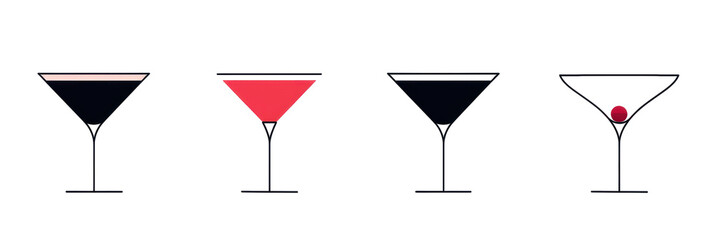 Four Martini Glasses With Different Colored Drinks.