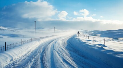 Snowy Road Leading Into The Distance With A Clear Blue Sky