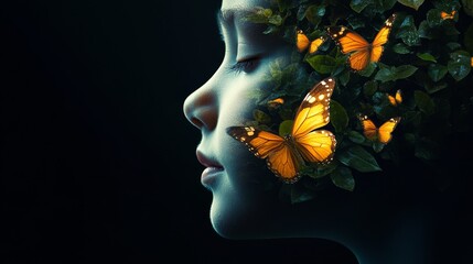 A child's face softly merged with a lush forest scene, where butterflies seem to fly out from the leaves, symbolizing innocence and wonder