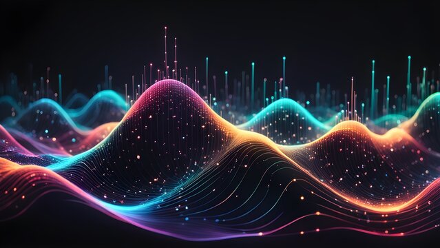 A colorful, abstract image of a mountain range with a rainbow of colors