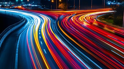 A dynamic night scene of light trails from vehicles on a busy highway.
