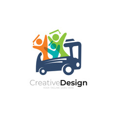 icon of a school bus full of students, transportation equipment logo