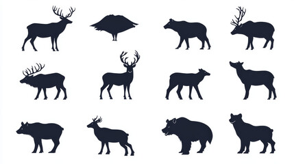 Silhouette icons of various animals: deer, mountain goat, reindeer with antlers, wild boar, rhino, panther, grizzly bear, and duck. Ideal for safari, savanna, and forest themes, as well as hunting and