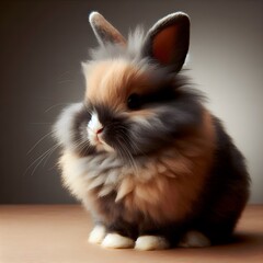 Obraz premium Curious rabbit sitting upright on a wooden surface against a soft beige background in indoor setting
