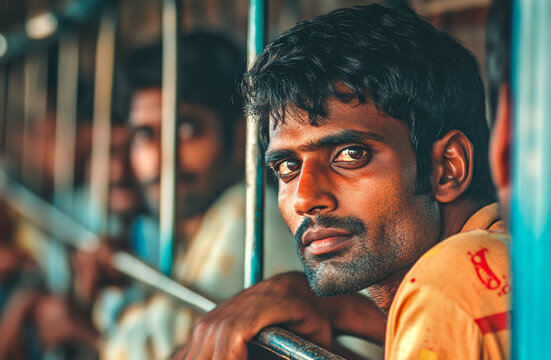Indian men from bihar travelling in a crowded bus