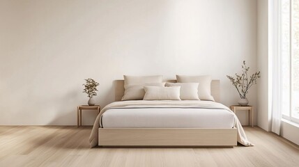 Fototapeta premium Minimal bedroom with light wood flooring and a simple rug, natural tones, modern comfort