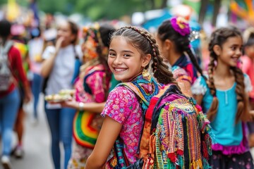 Fototapeta premium A young girl beams with a radiant smile, carrying a brightly colored backpack amidst a bustling festival crowd, showcasing joyful engagement and cultural festivity.