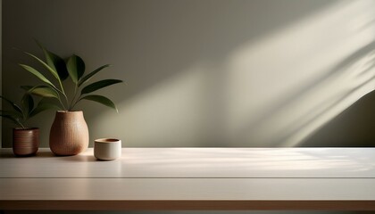 modern living room with a window, plant on the table, Clean minimal surface for product display. Copy space available. Elegant minimal background wall. Suitable for home, room with a table