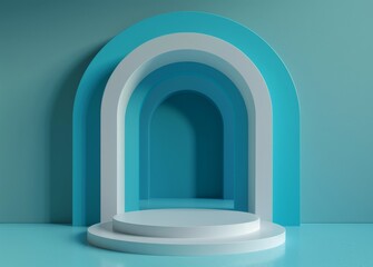 Fototapeta premium Circular platform under a minimalist blue archway, perfect for modern architectural backgrounds, product displays, and presentations.