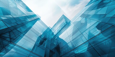 Exploring the intricate design of modern abstract architecture with blue glass structures under a cloudy sky