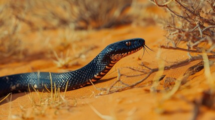 Fototapeta premium Black Snake Moving Across Desert Terrain