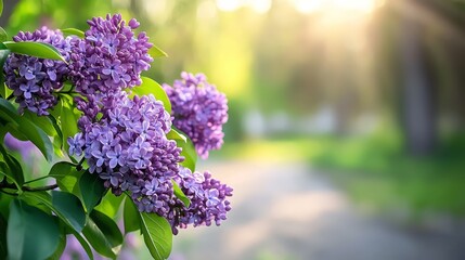 Obraz premium A tree branch adorned with a cluster of purple lilacs, flanking a sunlit park path on a sunny day