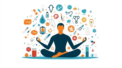 Obraz premium Promoting a healthy lifestyle: A man meditating with health-related icons representing medicine, diet, healthcare, fitness, sports. Suitable for website posters and banners.