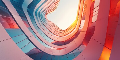 Naklejka premium Abstract architectural design showcasing vibrant colors and unique shapes under a clear sky during sunset in a modern urban setting
