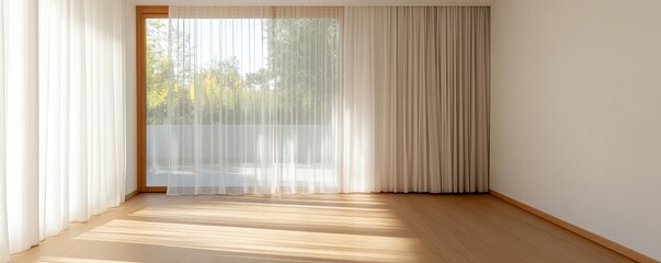 Minimalist bedroom with floor-to-ceiling windows and sheer curtains, natural light, open space