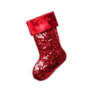 Diamond shaped as a Christmas stocking with red shimmer and detailed patterns isolated on transparent background 