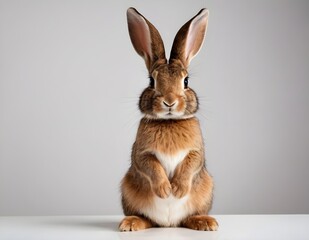 Obraz premium Curious rabbit sitting upright on a wooden surface against a soft beige background in indoor setting