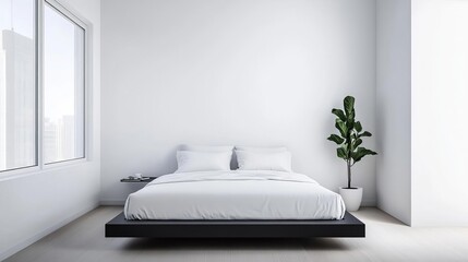 Minimalist bedroom with a floating bed and minimal decor, modern design, calm and serene
