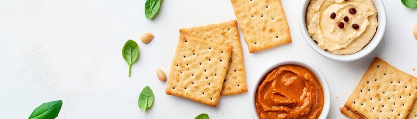 A minimalist display of vegan crackers with a selection of plant-based spreads and toppings