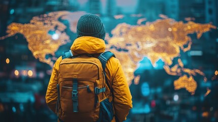 Obraz premium A traveller with backpack front of world map background