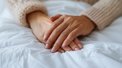 Intimate scene of a woman in a hospital bed holding the hand of a loved one capturing the emotional support and vulnerability during a difficult cancer treatment journey
