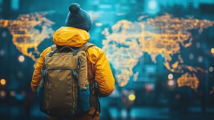 A traveller with backpack front of world map background