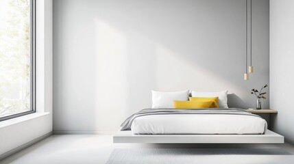 Minimalist bedroom with a floating bed and minimal decor, modern design, calm and serene