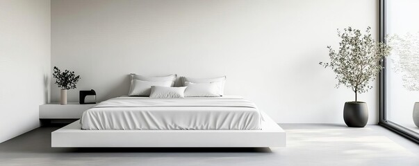 Minimalist bedroom with a floating bed and minimal decor, modern design, calm and serene