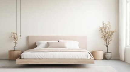 Minimalist bedroom with a floating bed and minimal decor, modern design, calm and serene
