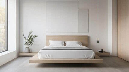 Minimalist bedroom with a floating bed and minimal decor, modern design, calm and serene