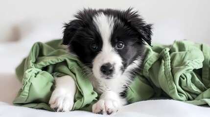 A little black and white puppy bites green pajama pants, puppy misbehavior, Generative AI illustrations. 