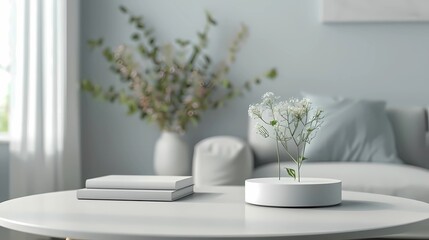 A living room with a small round podium for food, products or cosmetics, living room table, minimalist, top advertising，product view，Generative AI illustrations.