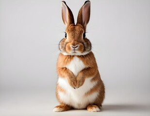 Obraz premium Curious rabbit sitting upright on a wooden surface against a soft beige background in indoor setting