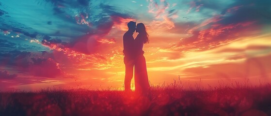 Obraz premium Silhouette Romantic couple lovers hug and kiss at colorful sunset