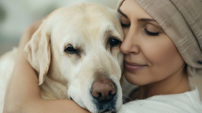 A woman facing the challenges of cancer finds solace and comfort in the unconditional love and companionship of her loyal dog as they share a tender moment of deep connection and respite