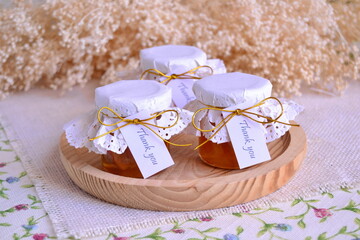Wedding favors orange jam small glass jar marmalade , autumn thanksgiving guest gift, white doily,...