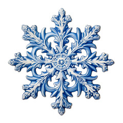 A blue and white detailed snowflake ornament isolated on transparency PNG background, ideal for winter and holiday-themed decorations, invitations, and seasonal designs,