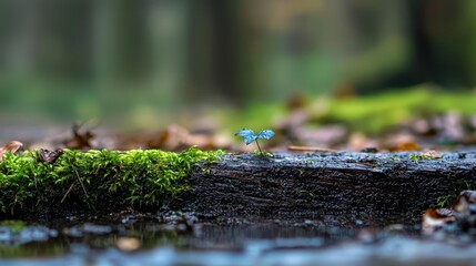 Fototapeta premium A tiny, blue butterfly perches atop a moss-covered tree trunk in a lush forest, surrounded by countless leaves