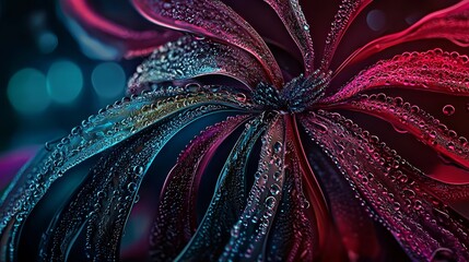  Close-up of a flower with water drops on pink, blue, and green petals