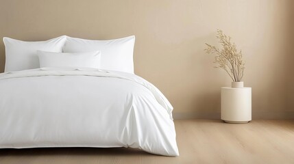 Minimalist bedroom with a neutral color palette and soft textures, modern comfort, calm and serene