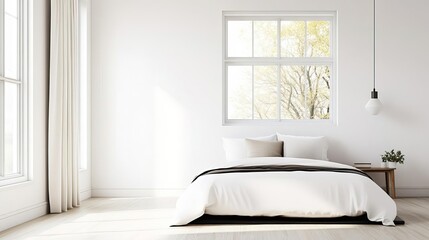 Minimalist bedroom with a single large window and no curtains, open view, modern simplicity