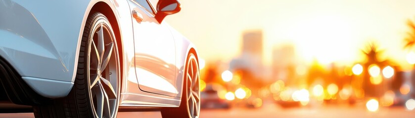 Fototapeta premium White car gleaming in the sunlight on a bustling city street, soft bokeh lights enhancing the modern urban vibe