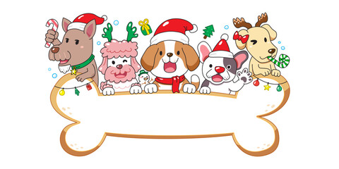 Merry christmas cute cartoon dogs with big bone sign for design.