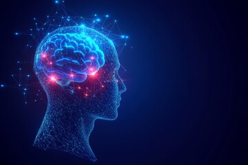 Obraz premium High tech digital illustration of a glowing brain with red and blue synapses representing the fusion of neural networks artificial intelligence and cognitive science in a futuristic style