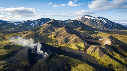 Fototapeta premium Aerial view of Landmannalaugar, Iceland: vibrant geothermal colors, lush moss, and snow-capped peaks.