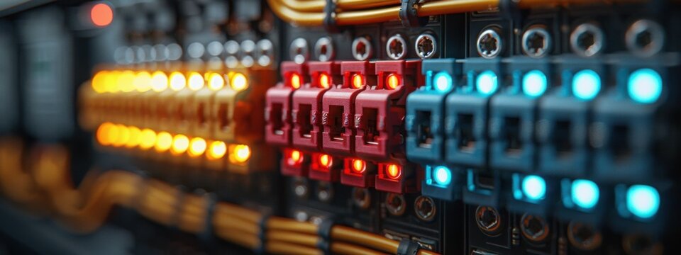 Wires and Circuit Breakers: Electrical wires connected to circuit breakers in a residential fuse box, demonstrating household electrical safety. 